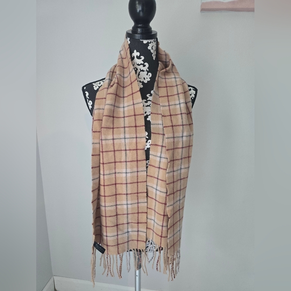 Plaid Tan and Red Scarf 100% Cashmere
